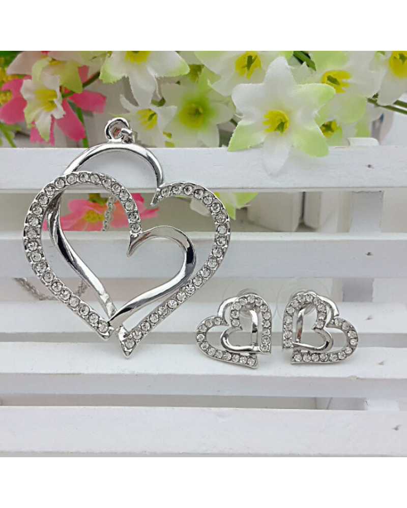 Rhinestone Heart Shape Pendant With Earrings