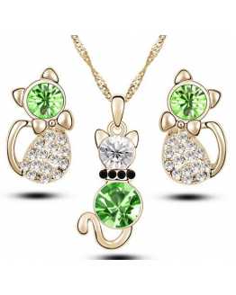 Cute Cat Crystal Pendant With Earrings