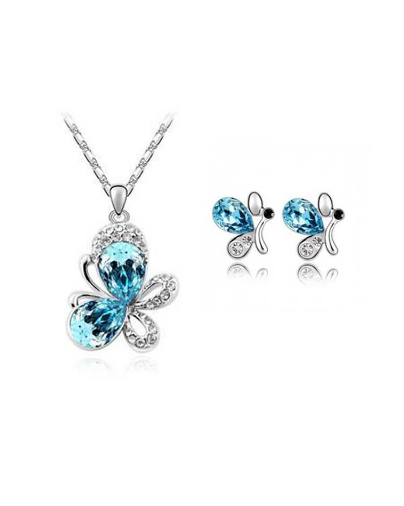 Silver Plated Crystal Butterfly Pendant With Earrings