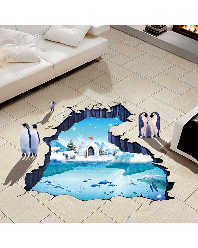 3D Polar Glacier Penguin Floor Sticker