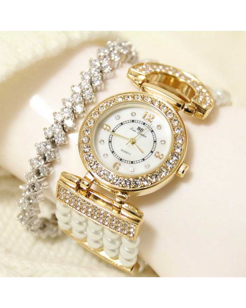 Elegant Pearl and Crystal Unique Ladies Watch