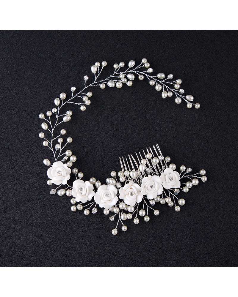 Bridal Pure White Flowers Pearl Hair Comb Clip