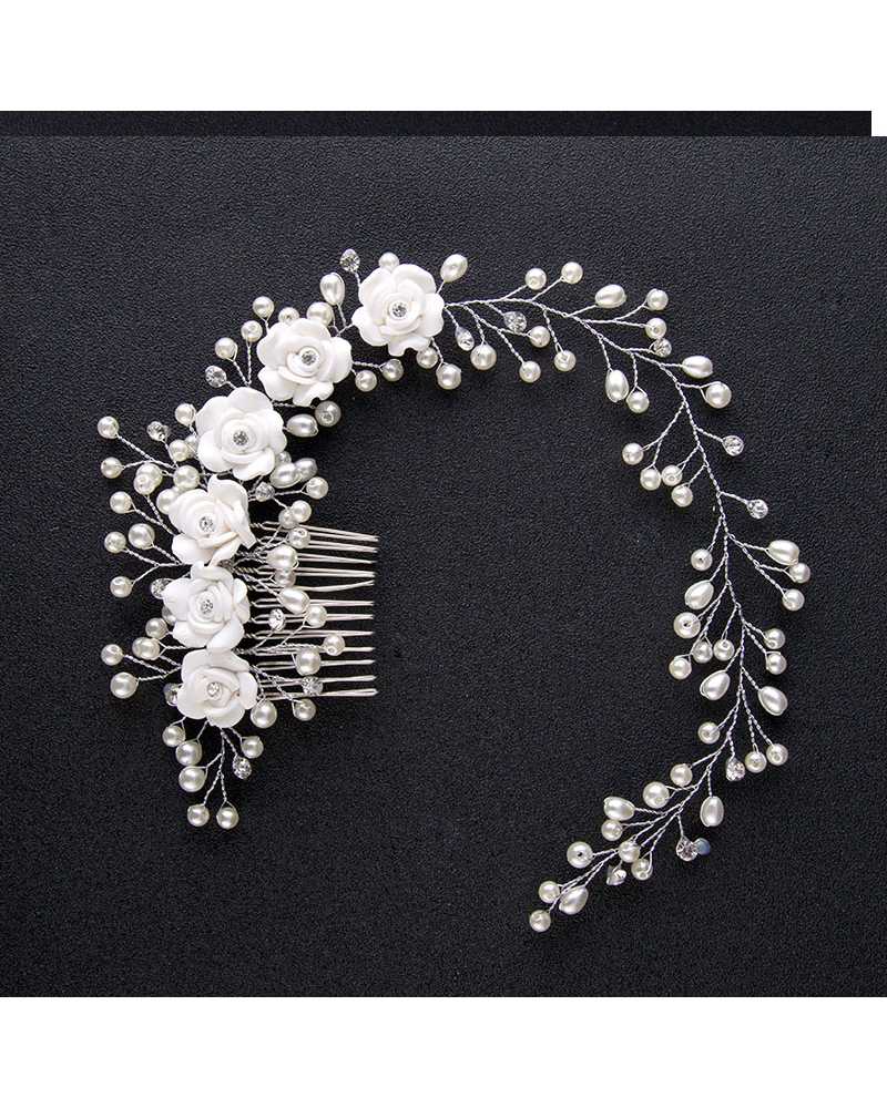 Bridal Pure White Flowers Pearl Hair Comb Clip