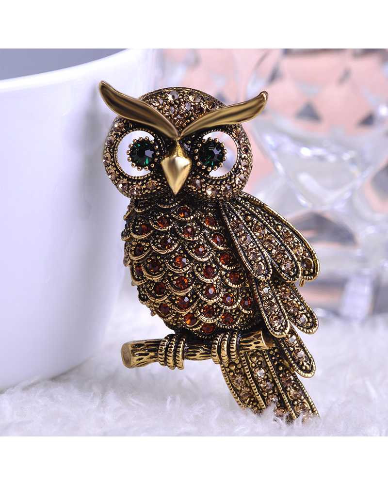 Vintage Owl Crystal Brooch