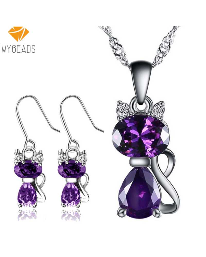 Austrian Crystal Cat Lovers Pendant With Earrings