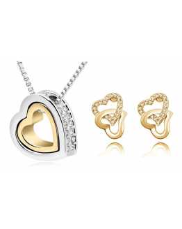 Double Heart Crystal Pendant With Earrings