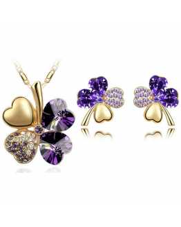 Austrian Crystal Rhinestones Gold Leaf Pendant With Earrings